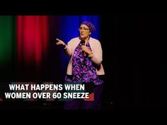 a woman standing in front of a microphone on stage with the words what happens when women over 80 sneeze