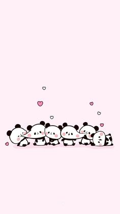 a group of panda bears sitting next to each other on top of a pink background