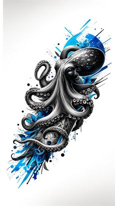 an octopus with blue paint splatters on it's face and tentacles in its mouth
