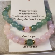 "Matching set of gemstone bracelets for couples, friends, or family Remind yourself of the special relationships you have with those that you adore with these couples/distance bracelets. Each set comes in a complimentary gift box with a note that reads: \"Wherever we go, Whatever we do, You'll always be there for me I'll always be there for you. One for you One for me\" Perfect for gift giving ; Christmas, Valentine's day, Birthday, long distance relationships or just friendships Bracelets are made with high quality, AAA grade genuine natural semi-precious 8mm gemstones and include a magnetic clasp to attach to one another.  (Your choice of silver or gold settings) Our bracelets are made with heavy duty 1mm elastic crystal string to ensure quality and strength. Available in several sizes, Bf Bracelet Ideas, Green And Pink Bracelet, Bracelets For Couples, Couples Jewelry, Matching Couple Bracelets, Long Distance Relationships, Distance Bracelets, Couples Friends, Distance Relationships