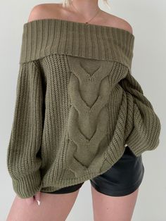 Details: Off the shoulder sweater Cable knit Thick knit Stretchy Size + Fit: Model is 5'4 Wearing size small Fabric + Care: 100% polyester Shipping + Return: Free US ground shipping on orders $100+ We offer free returns and a refund in the form of store credit with items not worn within 10 days of delivery For more info on returns visit our returns page Chunky Off The Shoulder Sweater, Oversized Off Shoulder Sweater, Over The Shoulder Sweater, Off Shoulder Outfit, Off Shoulder Knit Sweater, Off The Shoulder Knit Sweater, Off The Shoulder Sweaters, Off The Shoulder Top Outfit, Sweaters Outfit