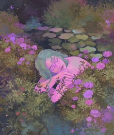 a painting of a woman laying down in the middle of flowers and lily pad's