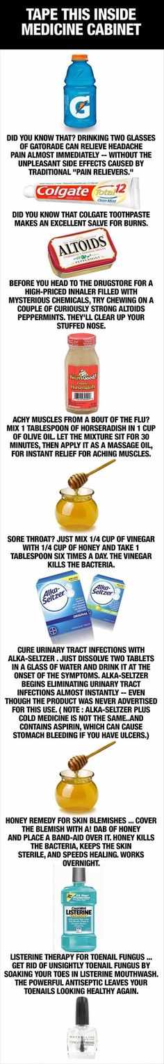 Top 20 Life Hacks For Your Medicine Cabinet 1000 Lifehacks, Sick Remedies, Cold Remedies, Back To Nature, Natural Medicine, Home Health, Health Remedies, Household Hacks, Top 20