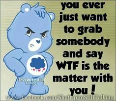 a blue teddy bear with the words, you ever just want to grab somebody and say wf is the matter with you