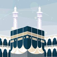 an illustration of the ka'bah in front of a building with two minas