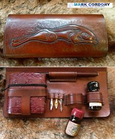 an old leather case with various items inside it and on the floor next to each other