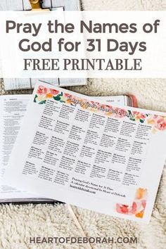 an open bible with the title pray the names of god for 3 days free printable