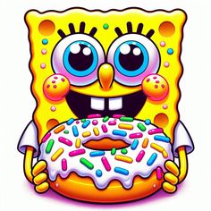 the spongebob is holding a donut with sprinkles on it