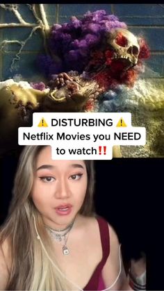 a woman with long blonde hair is looking at the camera and has text on her face that reads disturbing netflix movies you need to watch