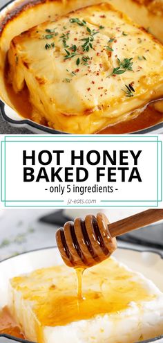 a pan filled with baked feta covered in cheese and topped with a honey drizzle