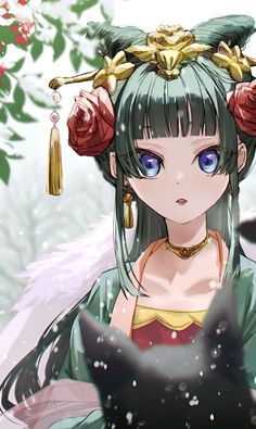 an anime character with blue eyes and green hair wearing flowers in her hair, standing next to a black cat