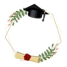 a graduation cap and diploma on top of a wreath with greenery, flowers and leaves