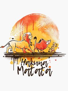 the lion and the mouse are running together in front of an orange circle that says hakuwa matata
