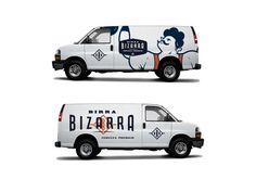 two white delivery trucks side by side with logos on the front and back, one for pizza