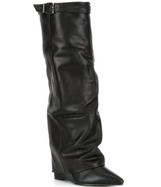 From Steve Madden&#x2C; the Corenne Leather Foldover Buckle Strap Tall Wedge Boots feature:Leather upperBuckled strap detailPull-on designSynthetic liningSynthetic outsoleApprox. 17" boot shaft heightApprox. 15" standard calf shaft circumferenceApprox. 15.5" wide calf shaft circumferenceApprox. 4" heel heightImported. Boots With Buckles Outfit, Foldover Boots Outfit, Boots With No Heel, Flare Boots, Going Out Boots, Birthday Boots, Foldover Boots, Tall Wedge Boots, Tall Black Boots Outfit