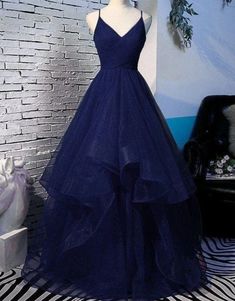 Beautiful Tulle V-Neckline Straps Long Party Dress, Formal Gown on Luulla Prom Dress With Straps, Navy Blue Evening Dress, Sparkly Ball Gown, Blue Long Prom Dress, Navy Blue Formal Dress, Blue Formal Dress, Blue Evening Dress, Navy Blue Prom Dresses, Dress With Straps