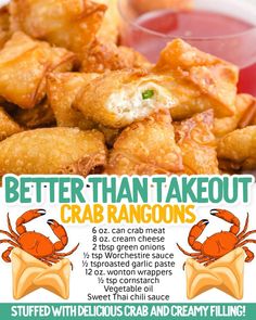an advertisement for crab rangoons on a plate with dipping sauce in the background