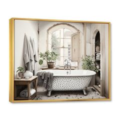 a bathroom with a bathtub and potted plants