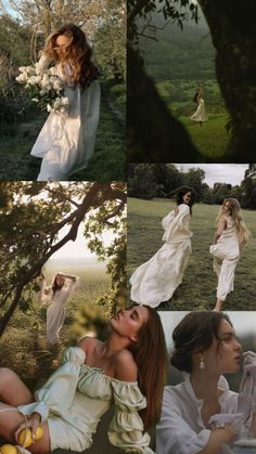 a collage of photos with woman in white dress and fruit on tree branch, grass field