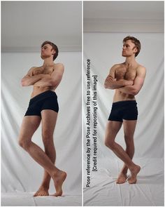 two pictures of a man with no shirt on and his arms crossed, standing in front of a white backdrop