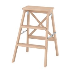 a wooden step stool with two legs and one foot resting on the seat, against a white background