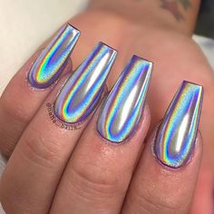 Here's a look at some GORGEOUS coffin shape unicorn/ holo nails! I finally got to try it out! Acrylic underneath is "surf" from @glamandglitsnails and the holo pigment is from @wildflowernailshop it's absolutely amazing! I used it with @akzentz shine on top gloss which I got from @thenailhub 💎💙💀👌🏼 #hahanails #unicornnails #holonails #holographicnails #notpolish #allpowder #nailswag #nails #nailart #nailartist #coffinnails #longnails #cutenails #nailtrend #chromenails #qualitynails #nai... Blue Holographic Nails, Holographic Nails Acrylic, Hallographic Nails, Acryl Nails, Holo Nails, Coffin Shape