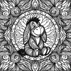 a black and white drawing of a horse sitting in the middle of a circular pattern