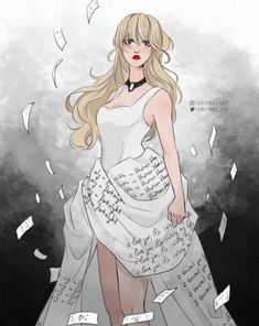 a drawing of a woman in a white dress with papers flying around her and the words written