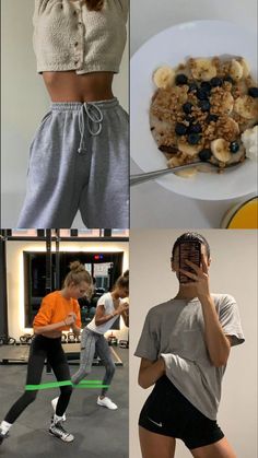 four different pictures of people doing various things in the same room, including bananas and cereal