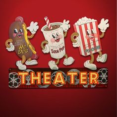 three cartoon characters are standing in front of the word theater with popcorn and hotdogs