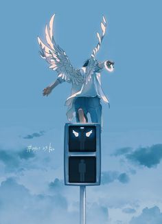 an angel standing on top of a street sign with wings flying over it's head
