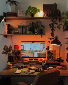 a desk with a computer monitor, speakers and plants on the shelves above it in front of a window