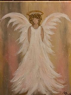 an angel painted on canvas with gold and white paint