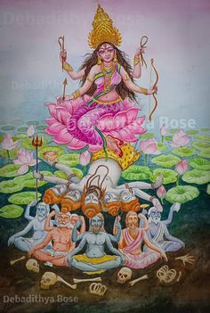 an image of the hindu god sitting on lotuses in front of other deities and flowers
