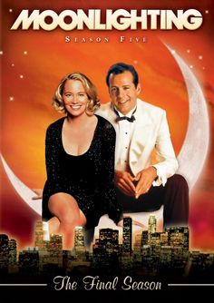a man and woman are posing in front of the moonlighting poster for an upcoming show