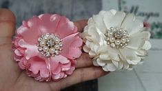 two small pink and white flowers in someone's hand with pearls on the petals