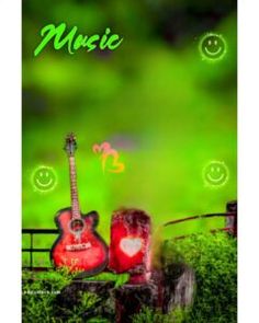 an image of two guitars in front of a green background with the words music on it