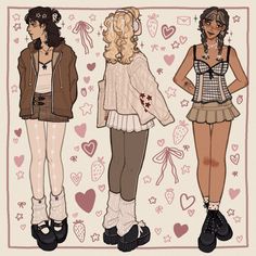 three girls standing next to each other in front of hearts on a white background with pink and brown accents