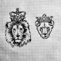 two lions with crowns on their heads, one is drawn in pencil and the other is drawn