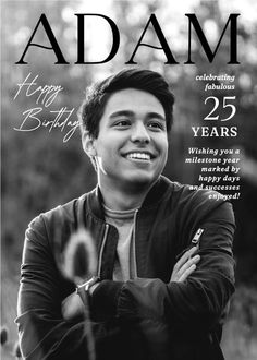 the cover of adam magazine featuring an image of a smiling man with his arms crossed