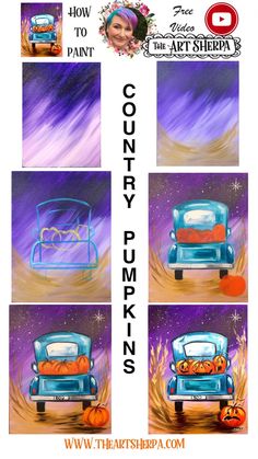 four different pictures of pumpkins and an old truck with the words country pumpkins on it