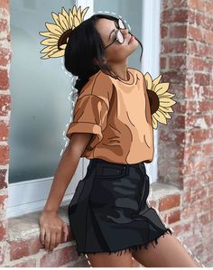 a woman with sunflowers on her head leaning against a brick wall and looking up at the sky