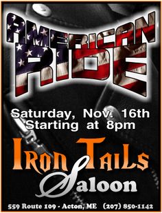 an event poster for iron tails saloon with american flag and motorcycle gear on the front