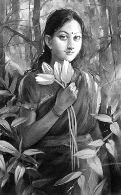 a painting of a woman holding a flower in her hand and looking at the camera