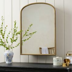 a mirror sitting on top of a dresser next to a vase with a plant in it