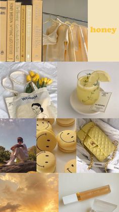 the collage shows many different things in yellow and white