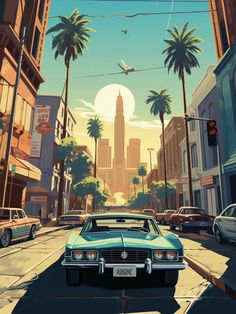 a car driving down a city street next to tall buildings with palm trees on both sides