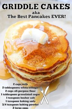 a stack of pancakes with syrup and butter on top is featured in the article griddle cakes