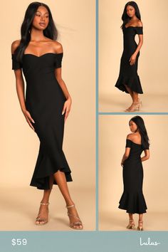 Slip into the Lulus How Much I Care Black Off-the-Shoulder Midi Dress and dance the night away! Medium-weight stretchy ponte knit shapes this stunning dress that features a sweetheart neckline (with no-slip strips) and darted bodice, framed by short off-the-shoulder sleeves. Fitted waist tops a figure-flattering midi skirt with a trumpet silhouette and ruffled high-low hem. Fit: This garment fits true to size. Length: Knee to mid-calf length. Size medium measures 42" from top to bottom. Bust: Gr Black Tie Gowns, Trumpet Silhouette, Black Wedding Dresses, Off The Shoulder Dress, Size 16 Dresses, I Care, High Low Hem, Stunning Dresses, Black Tie