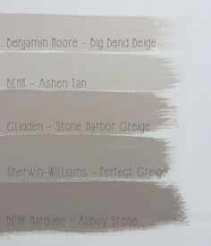 four different shades of gray paint with the names of them